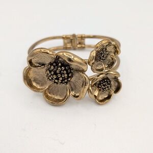 Kate Spade  Open Hinge Flower Cuff Gold Tone Bracelet Bangle Clamper